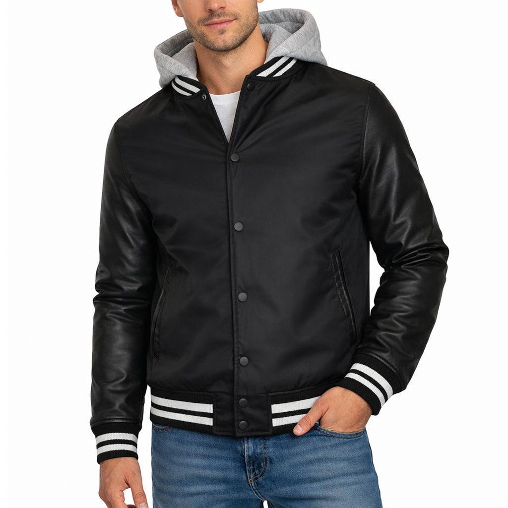 Men's Hooded Varsity Jacket with Detachable Hood
