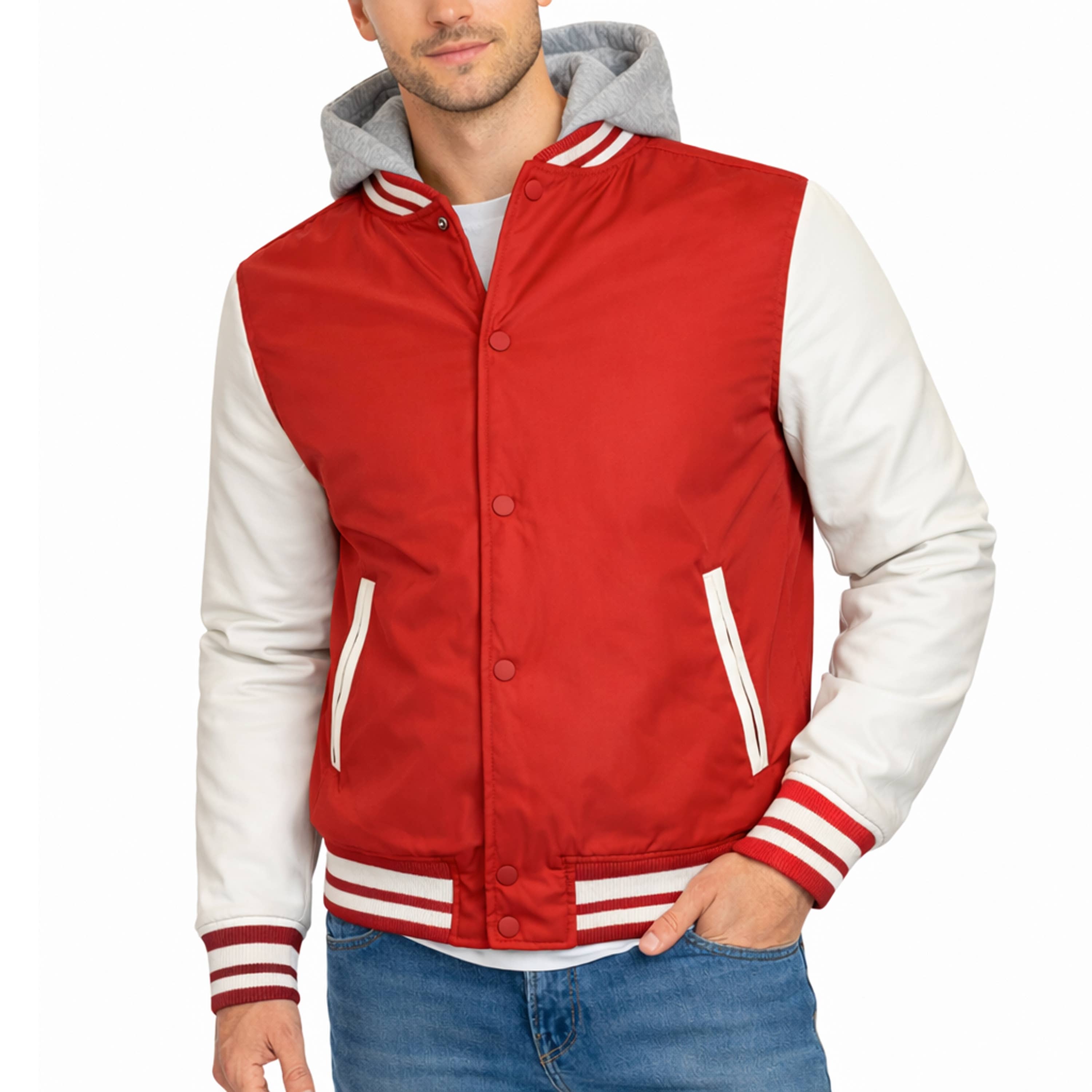 Men's Hooded Varsity Jacket with Detachable Hood