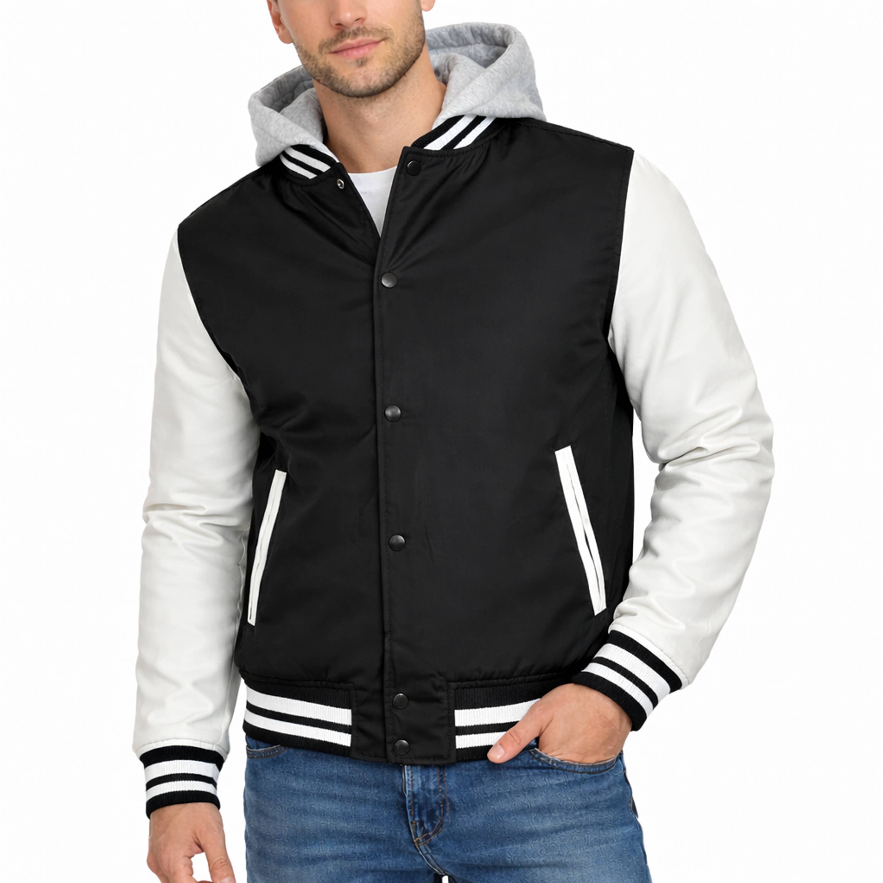 Men's Hooded Varsity Jacket with Detachable Hood