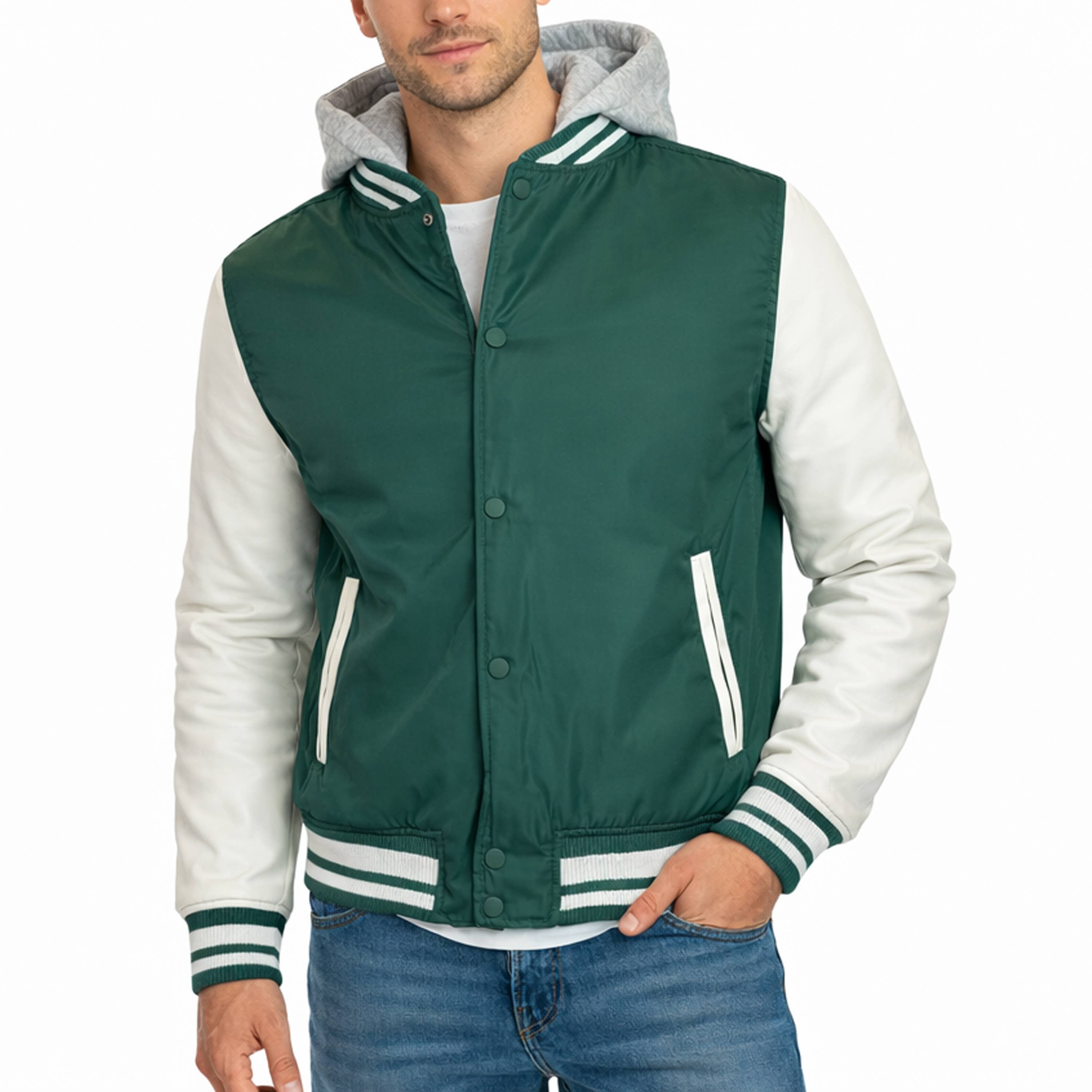 Men's Hooded Varsity Jacket with Detachable Hood